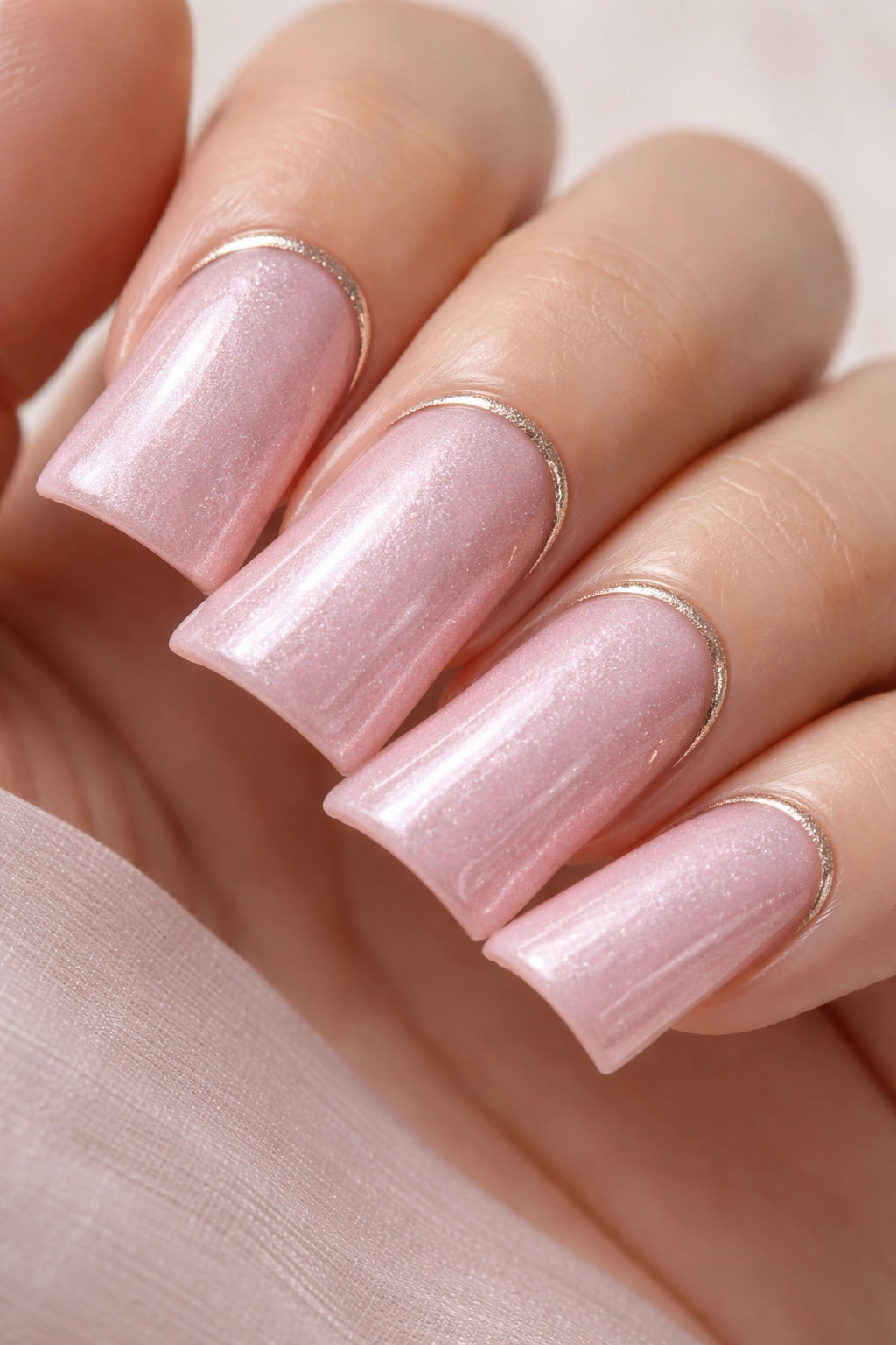 Duck-nail nails in shimmery pink with a thin metallic cuticle line