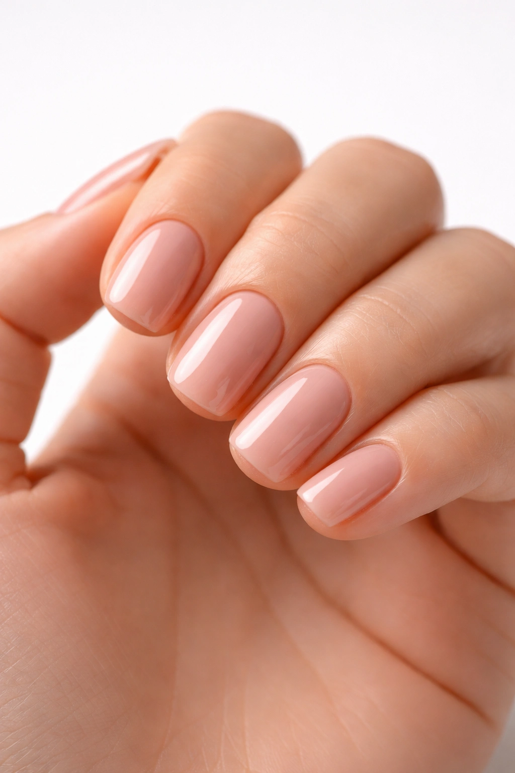 Close-up of short glossy acrylic nails on a hand against a white background