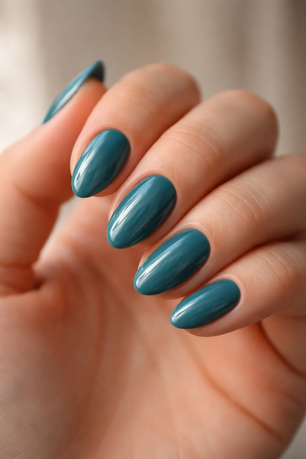 Close-up of a hand showing balanced short almond nail shape