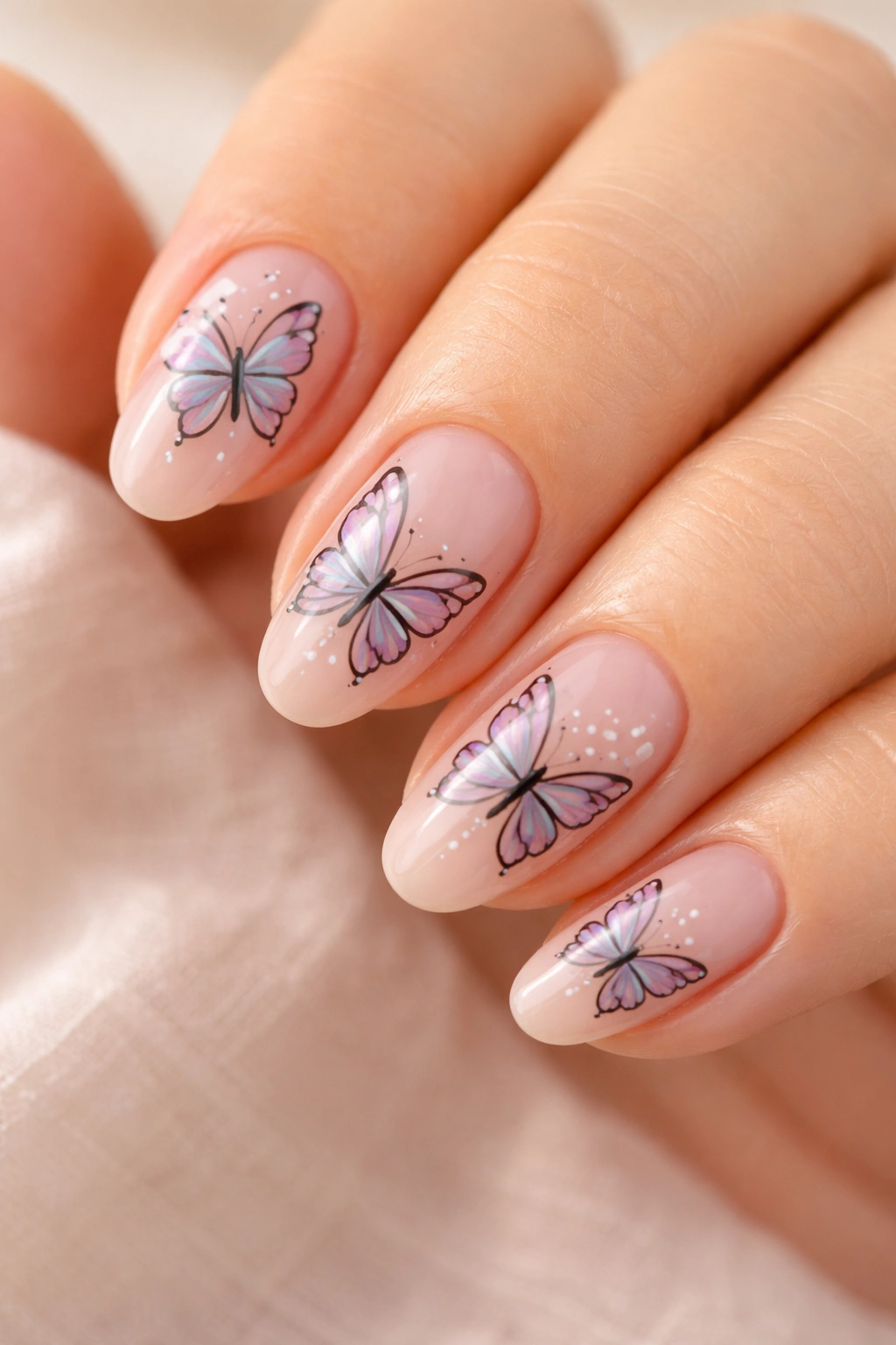 Close-up of short almond nails with butterfly wings and glossy finish