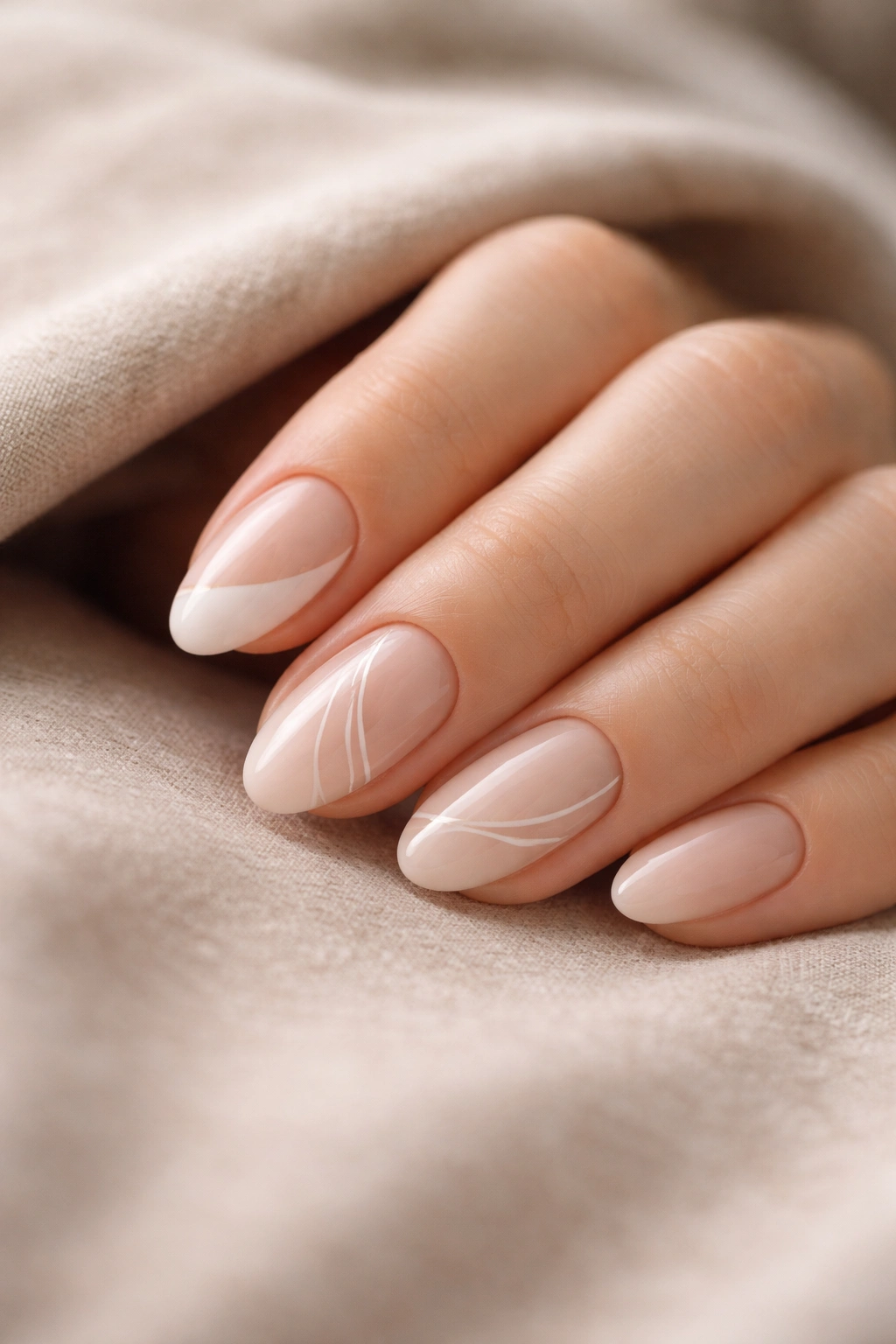 Hand showing three short almond nails with subtle variations illustrating design choices