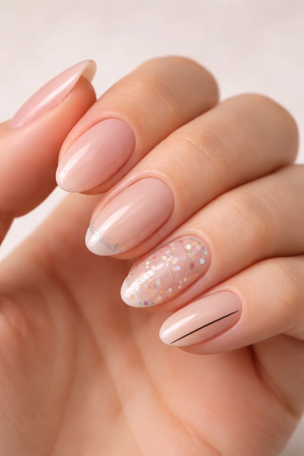 Close-up of a hand displaying several short almond nail designs suitable for a party.