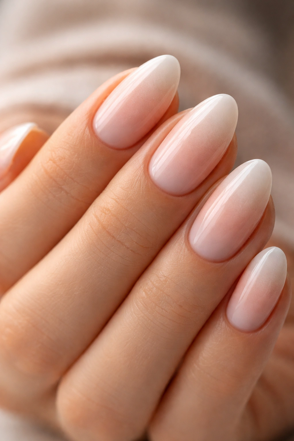 Close-up of short almond nails with dip powder gradient