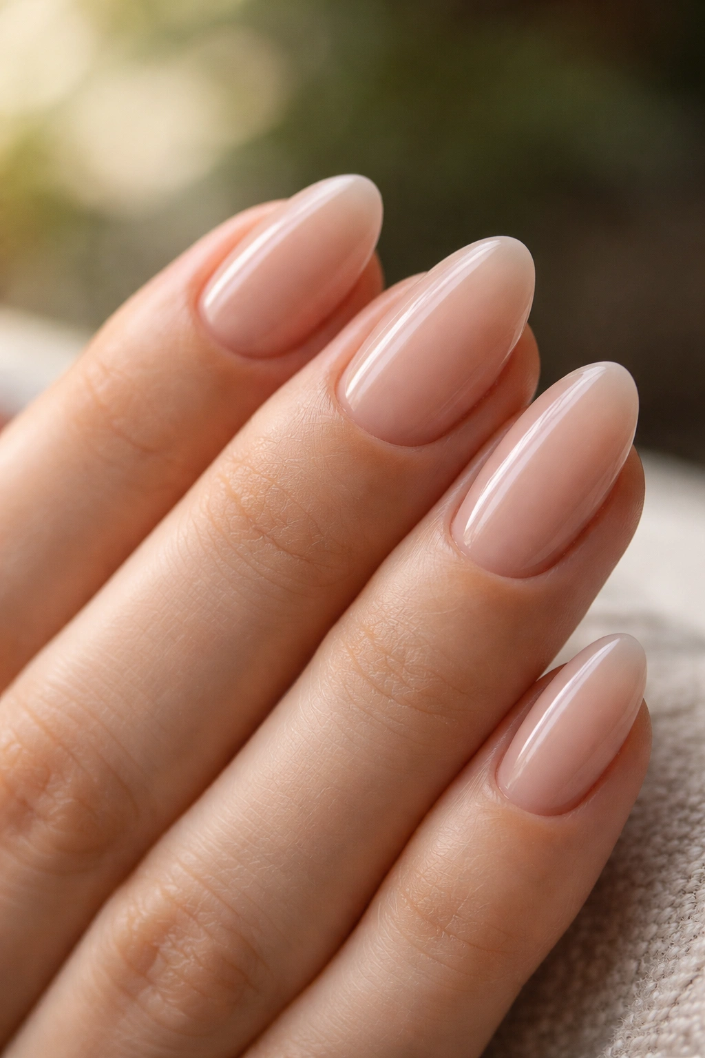 Close-up of extra-short almond gel extensions with a neat cuticle line and slim overlay