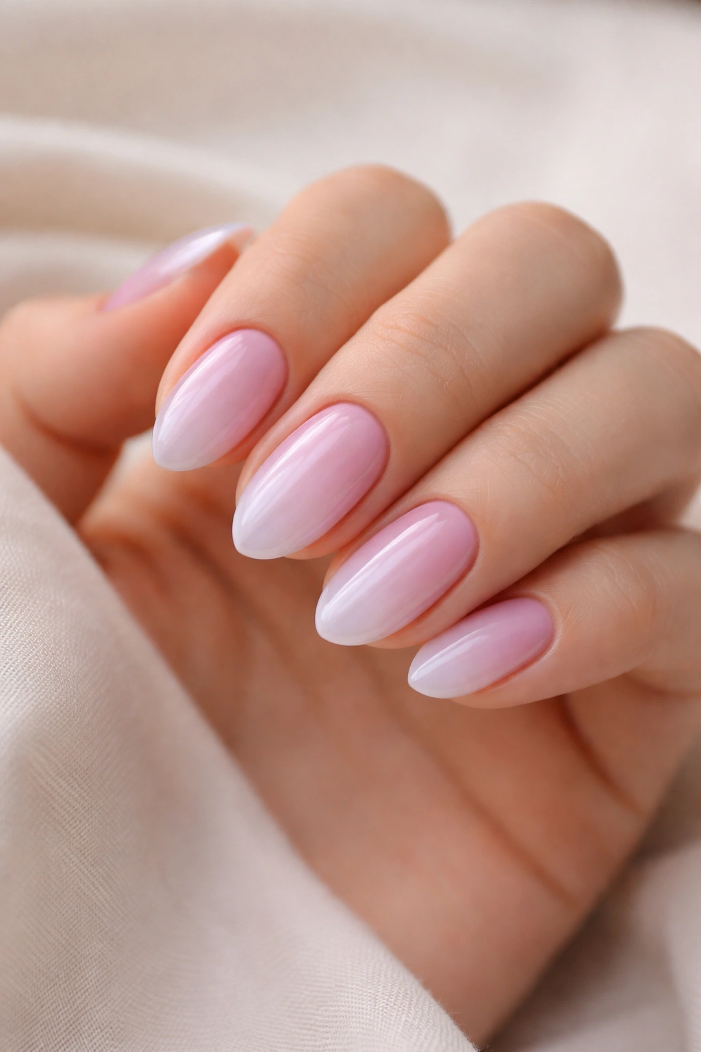 Hand displaying short almond nails with a tapered tip to illustrate ideal length