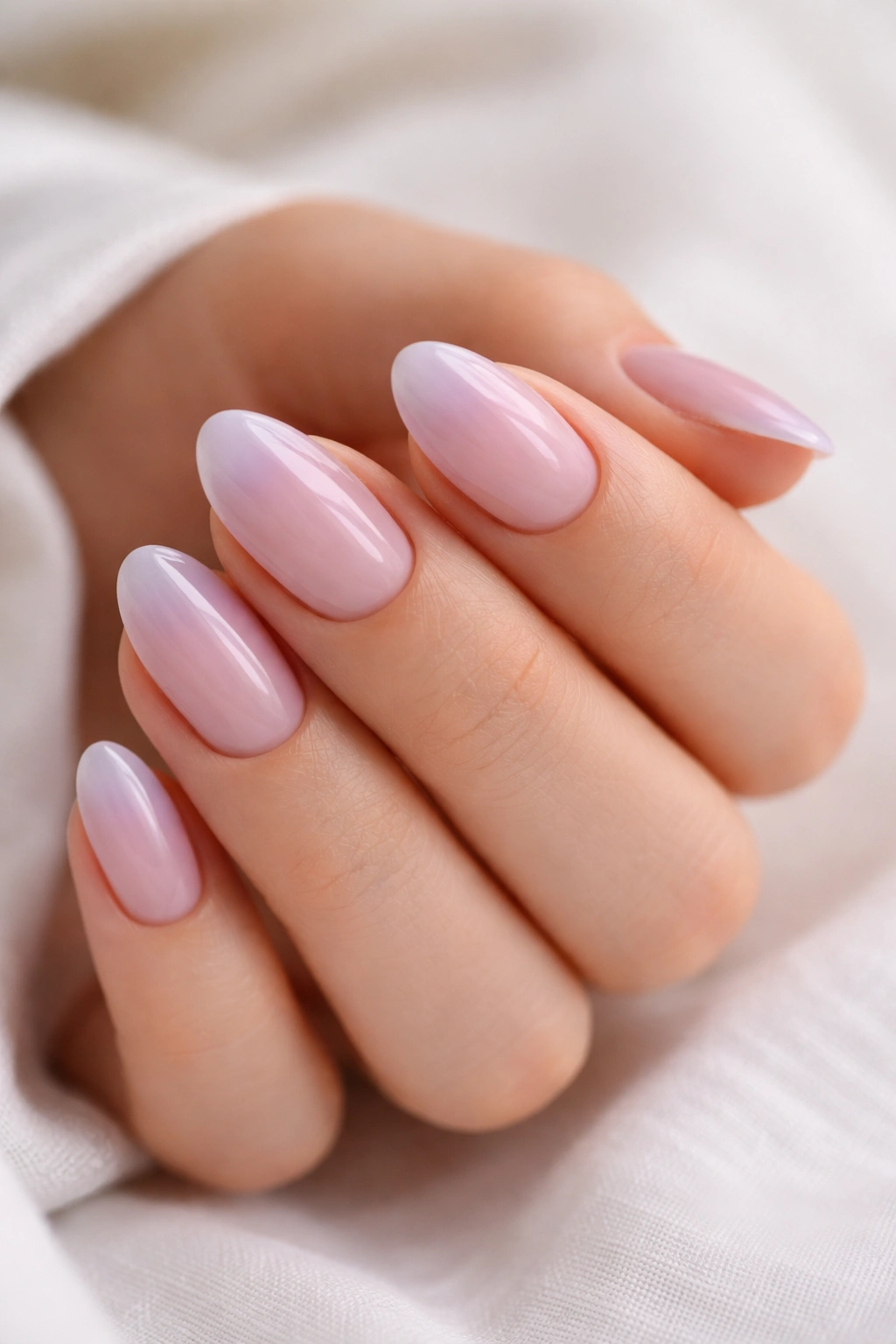 Close-up of short almond nails with sheer lilac base and pink cuticle fade
