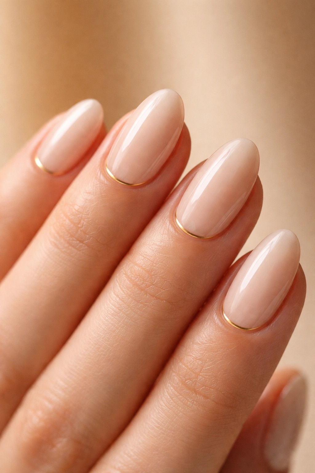 Close-up of short almond nails with a thin gold line on nude base.