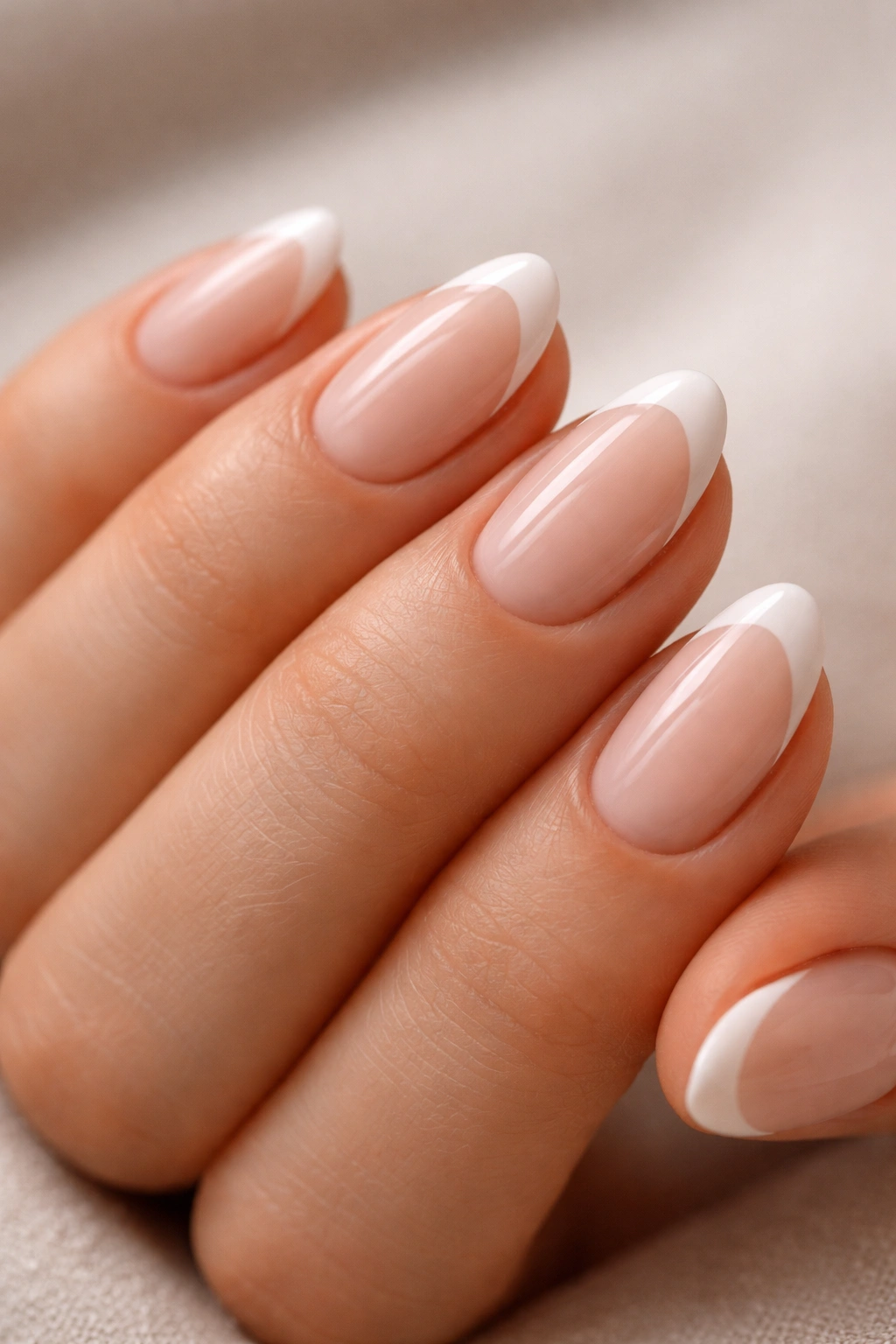 Close-up of short almond nails with rounded smile line French tip.