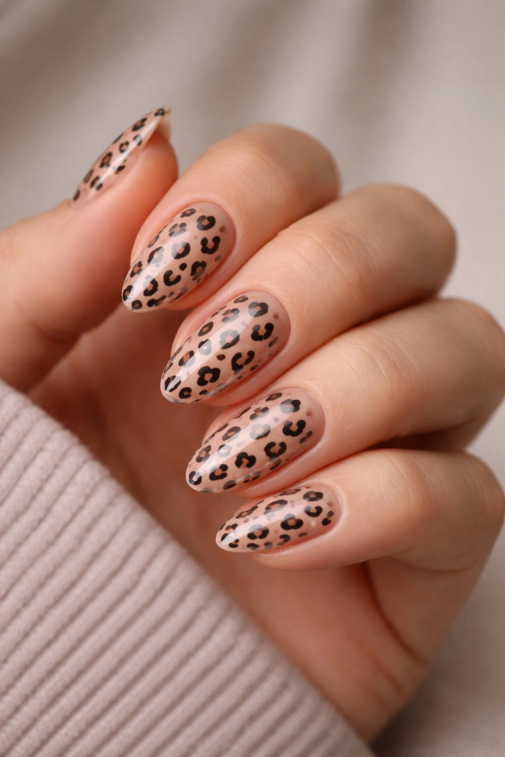 Close-up of short almond nails with clean cuticles and subtle leopard print