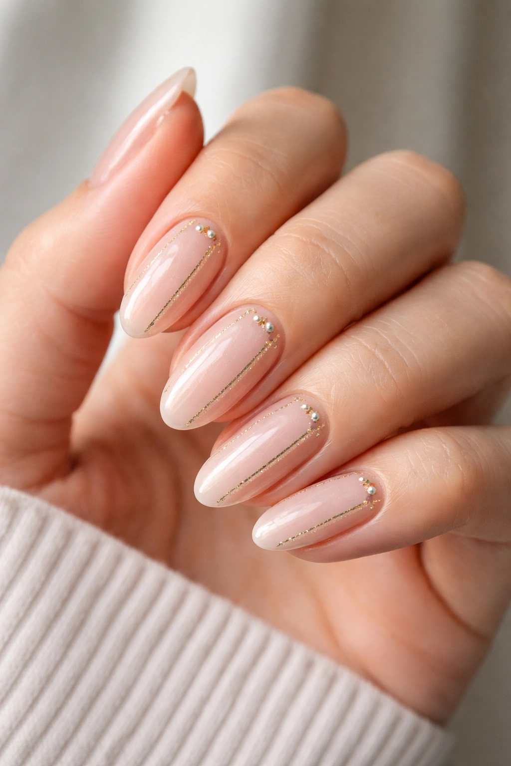 Close-up of short almond nails with vertical accents and negative-space art