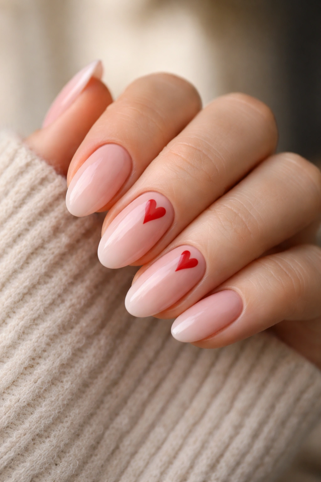 Short almond nails with a balanced design and centered red accent