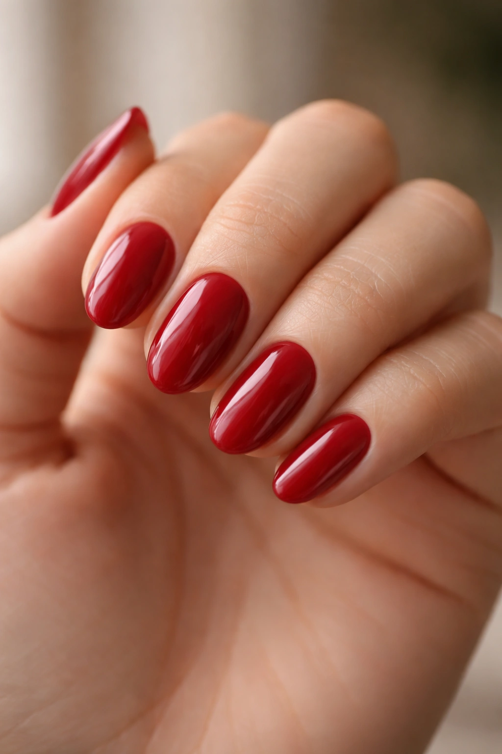 Close-up of short almond nails in cherry red showing balanced shape
