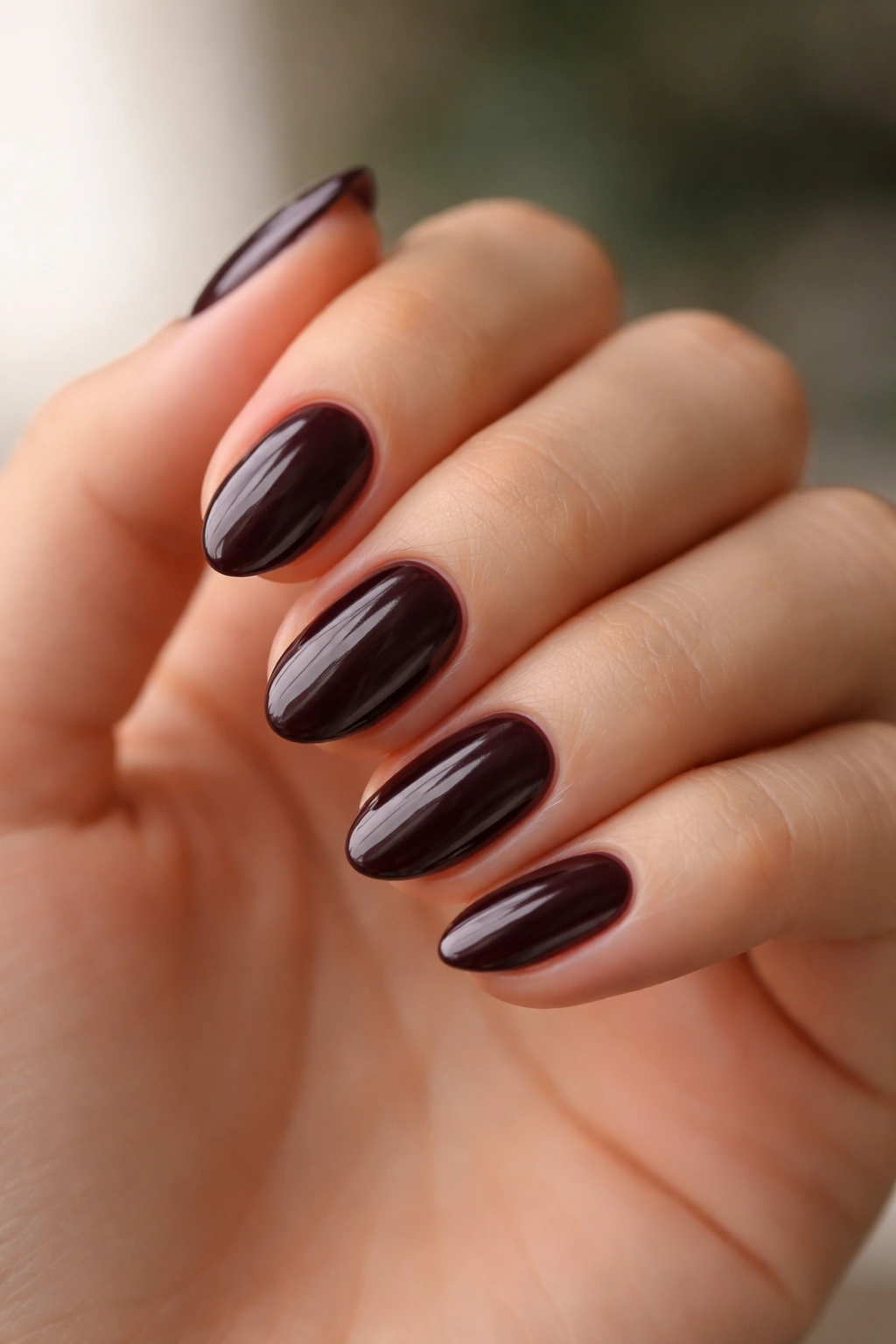 Close-up of very short almond nails with clean shape and tidy cuticles