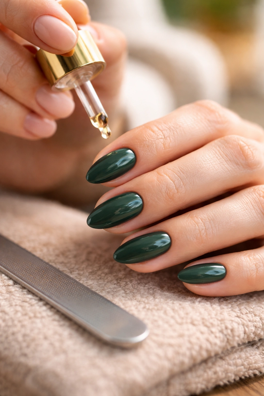 Close-up of short almond nails with a light cuticle oil sheen