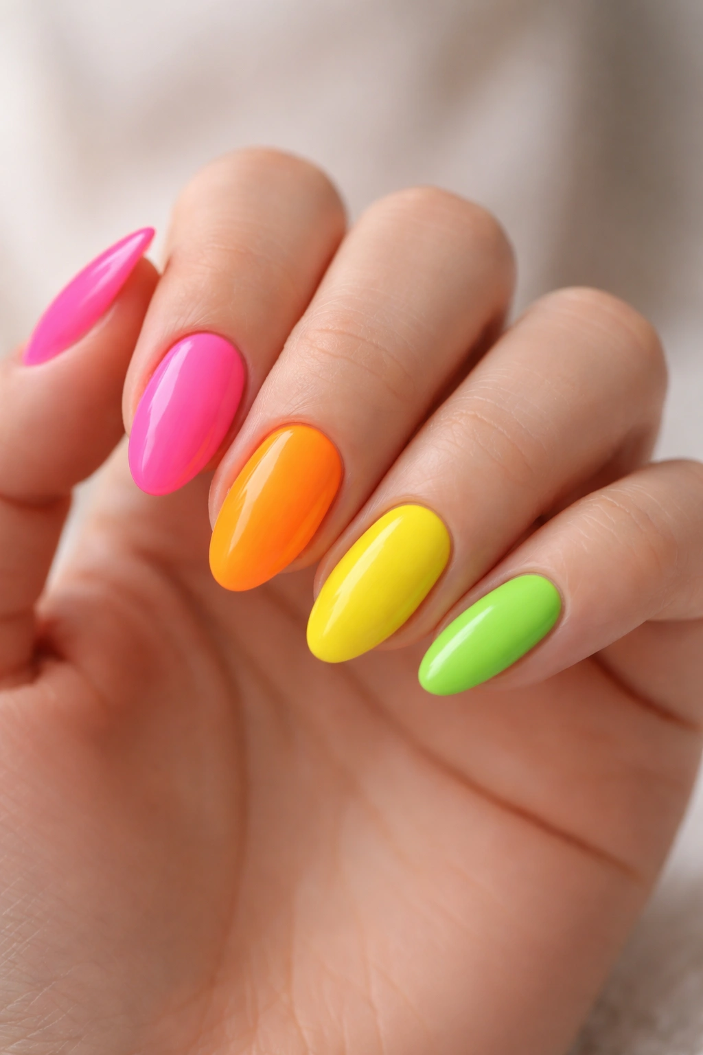 Close-up of sharp, glossy short almond nails on a hand
