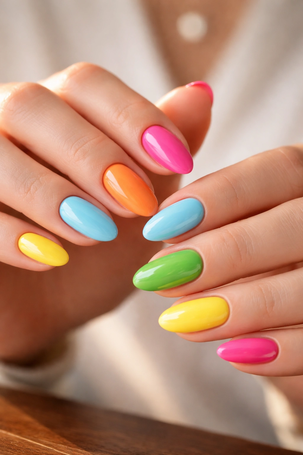 Close-up of hands with short almond nails and glossy finish, showing clean cuticles