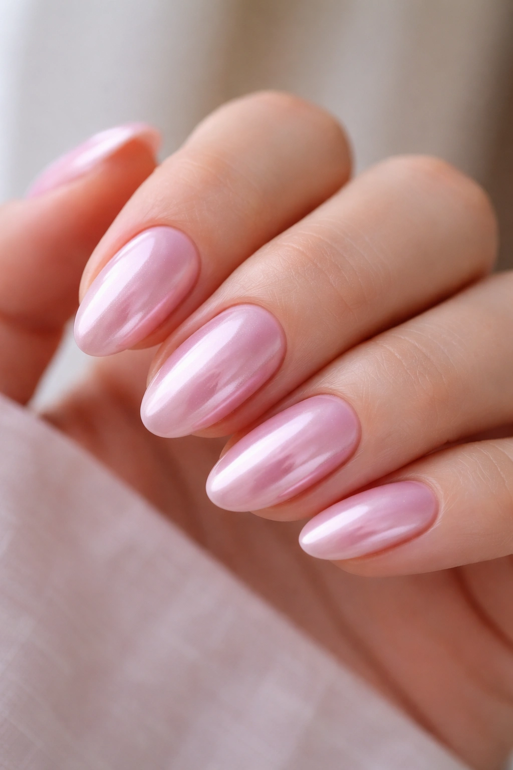 Close-up of short almond nails with pink chrome finish