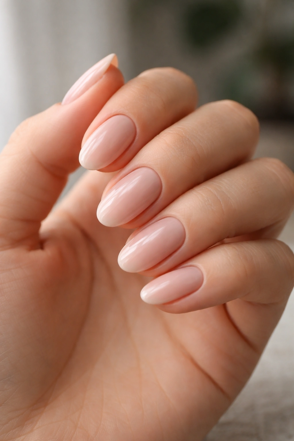 Close-up of neatly groomed short almond nails with clean edges and glossy finish.