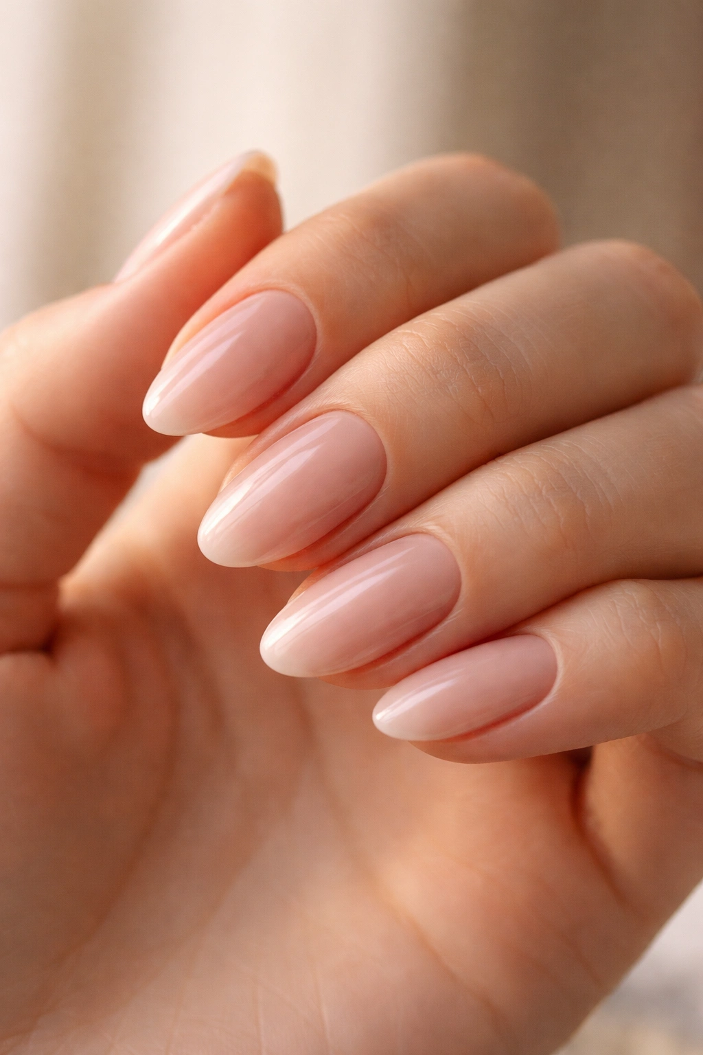 Close-up of short almond nails with clean cuticle and glossy finish