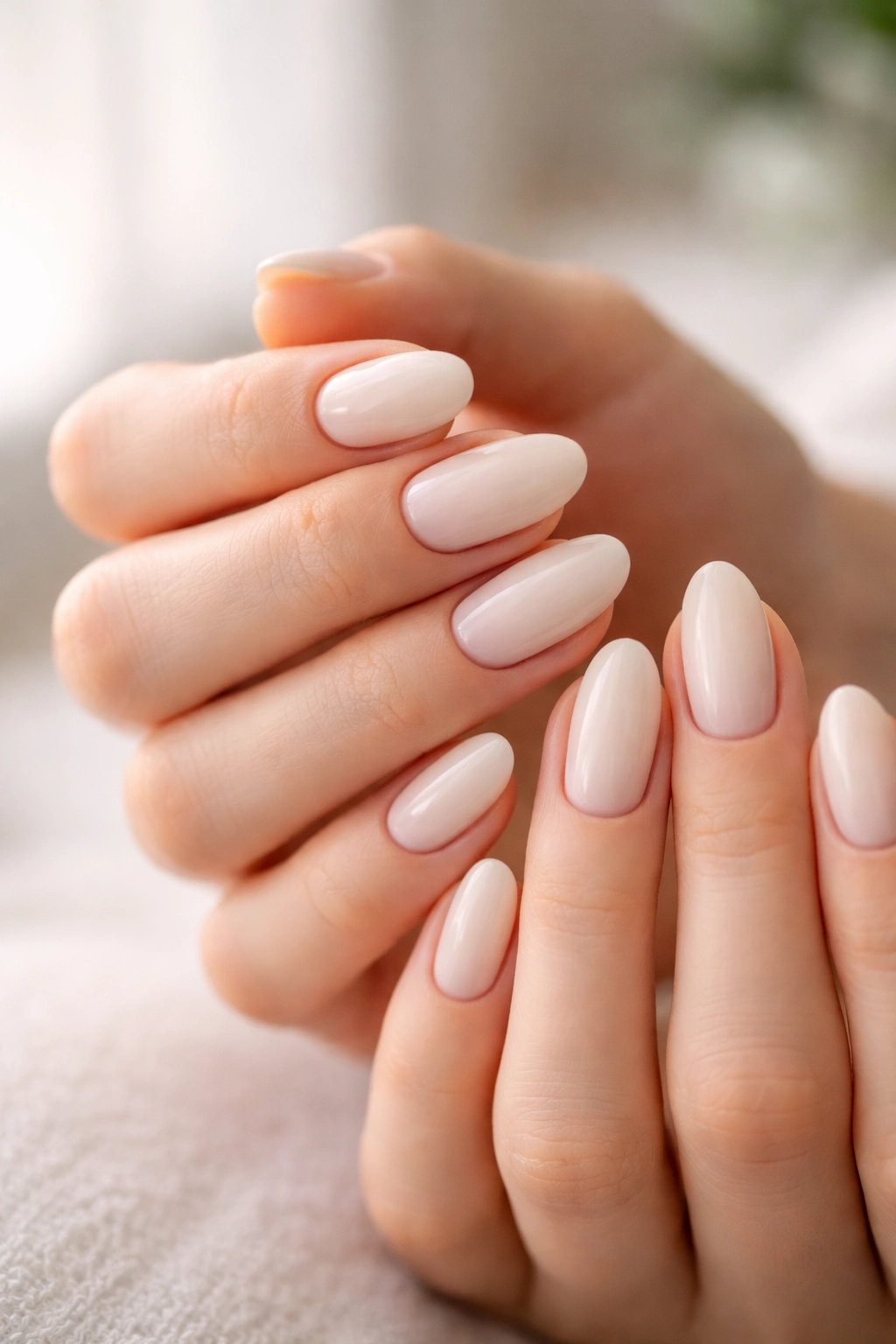 Close-up of clean short almond nails with neat cuticles and gloss