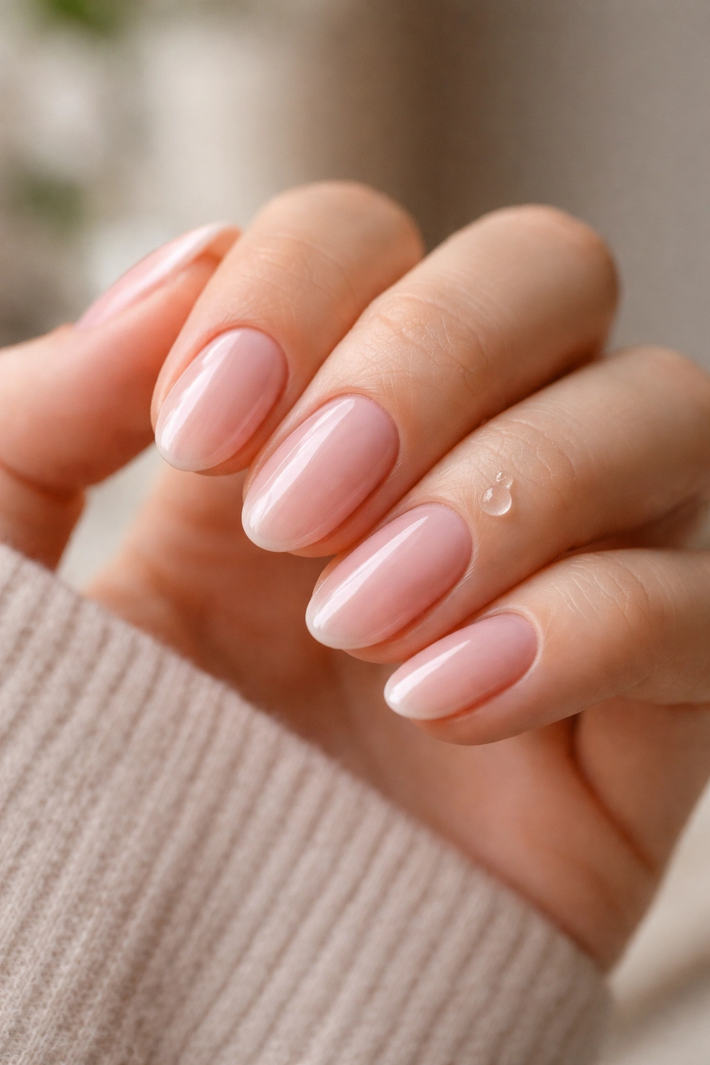 Hand with short almond nails showing glossy finish and neat cuticles
