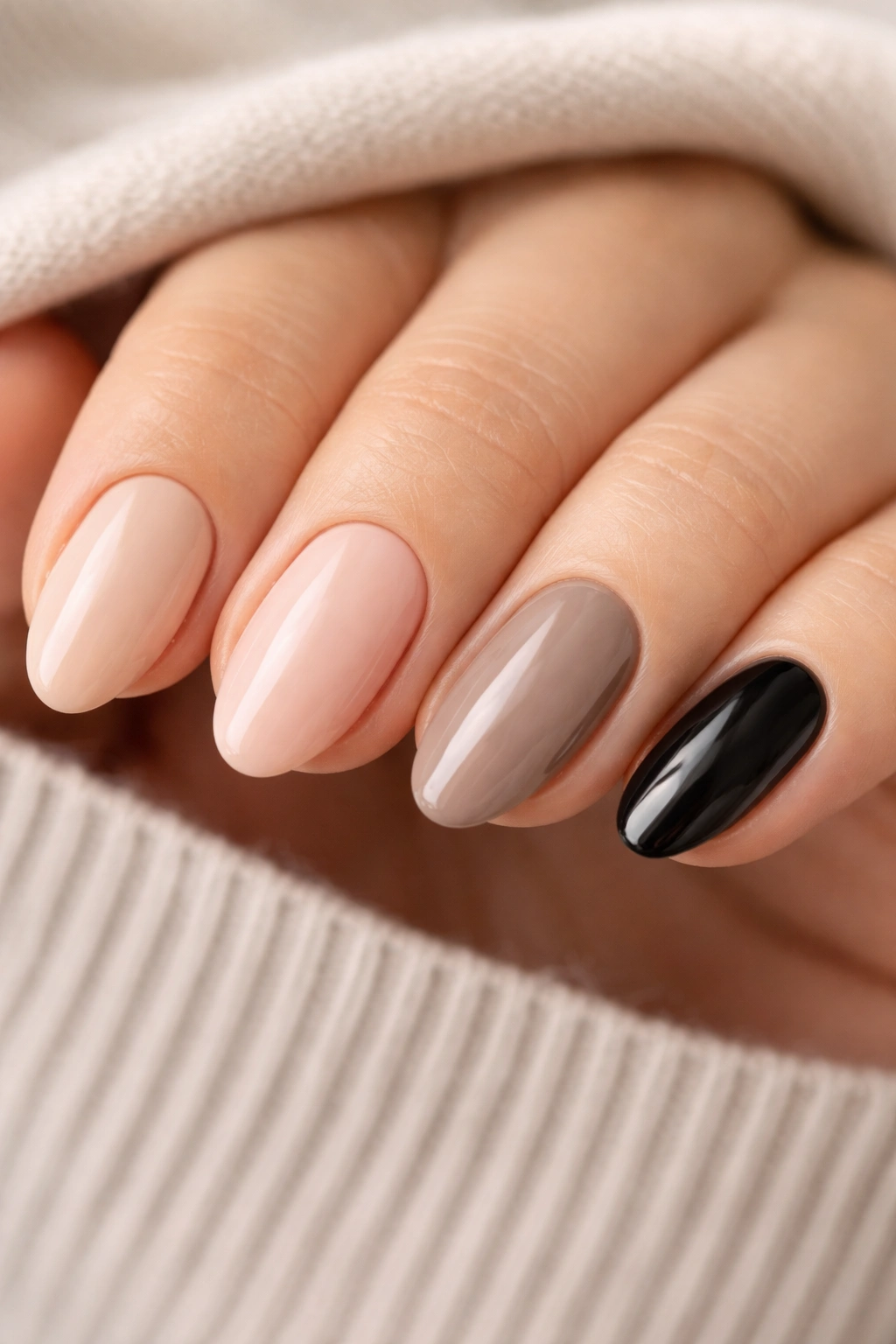 Hand with short almond nails in nude to black shades