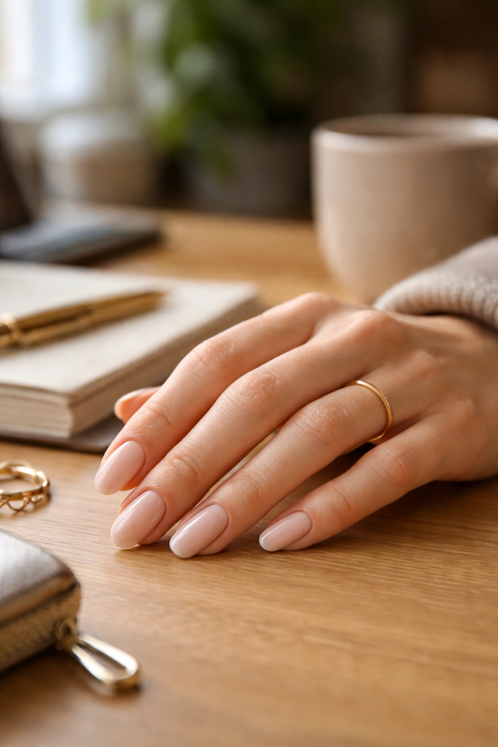 Hand with short almond nails resting on a desk in natural light