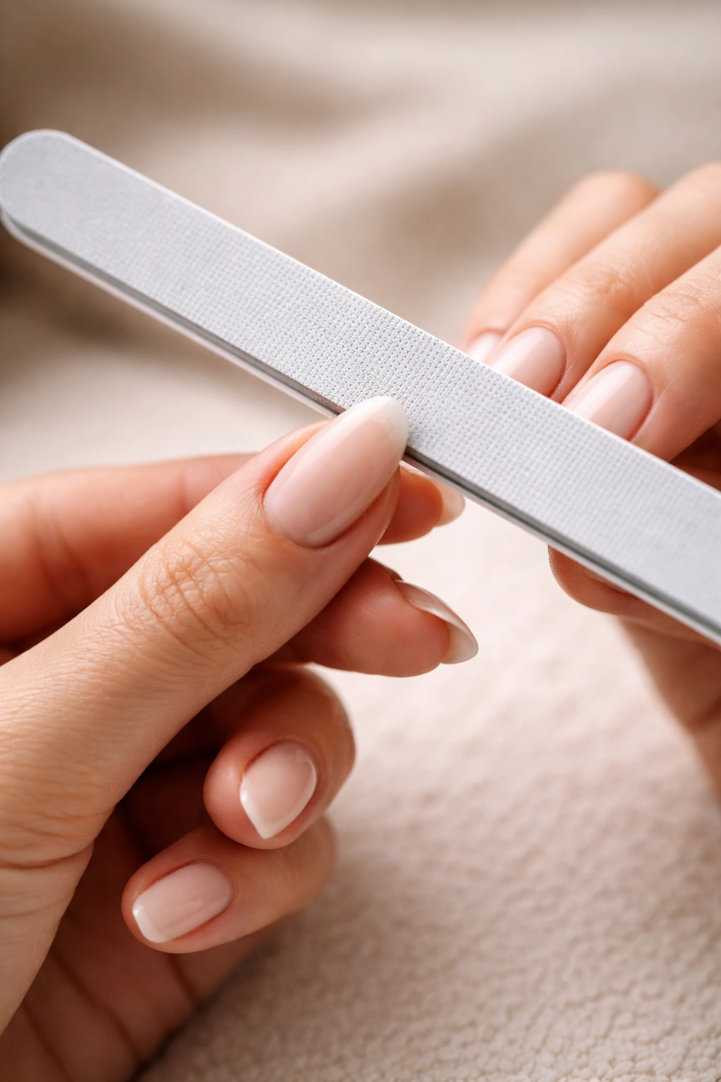 Hands filing a short almond nail with a fine-grit file in one direction