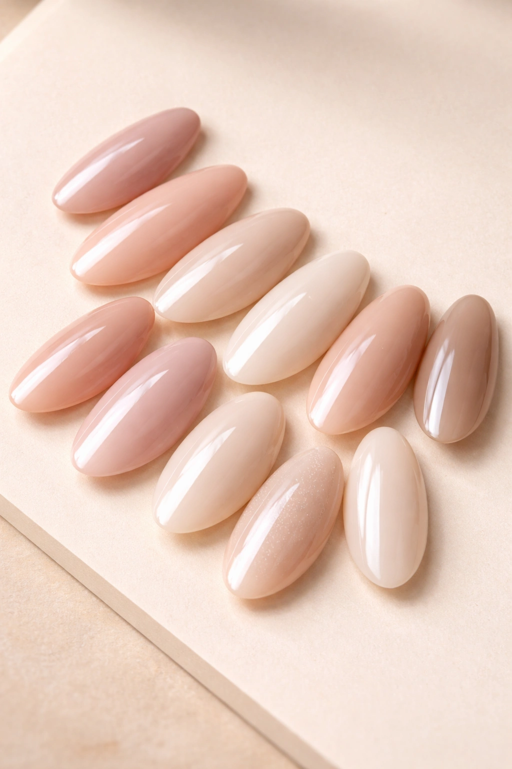 Display of various short almond nail tips showing different widths and tapers