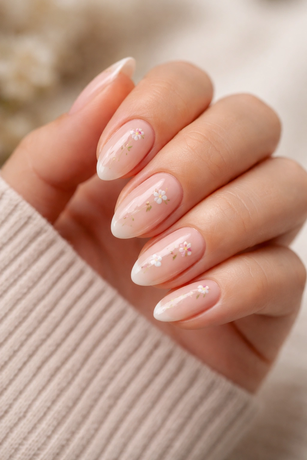 Close-up of short almond nails with sheer pink base and delicate floral accents