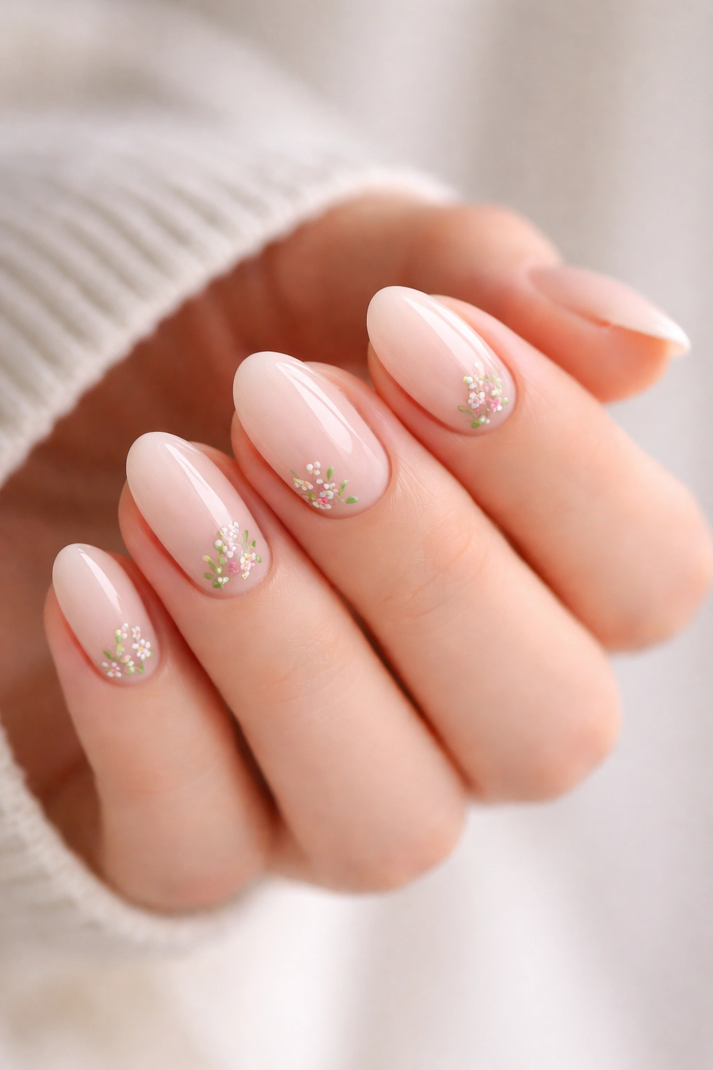 Close-up of short almond nails with tiny floral accents on sheer pink base