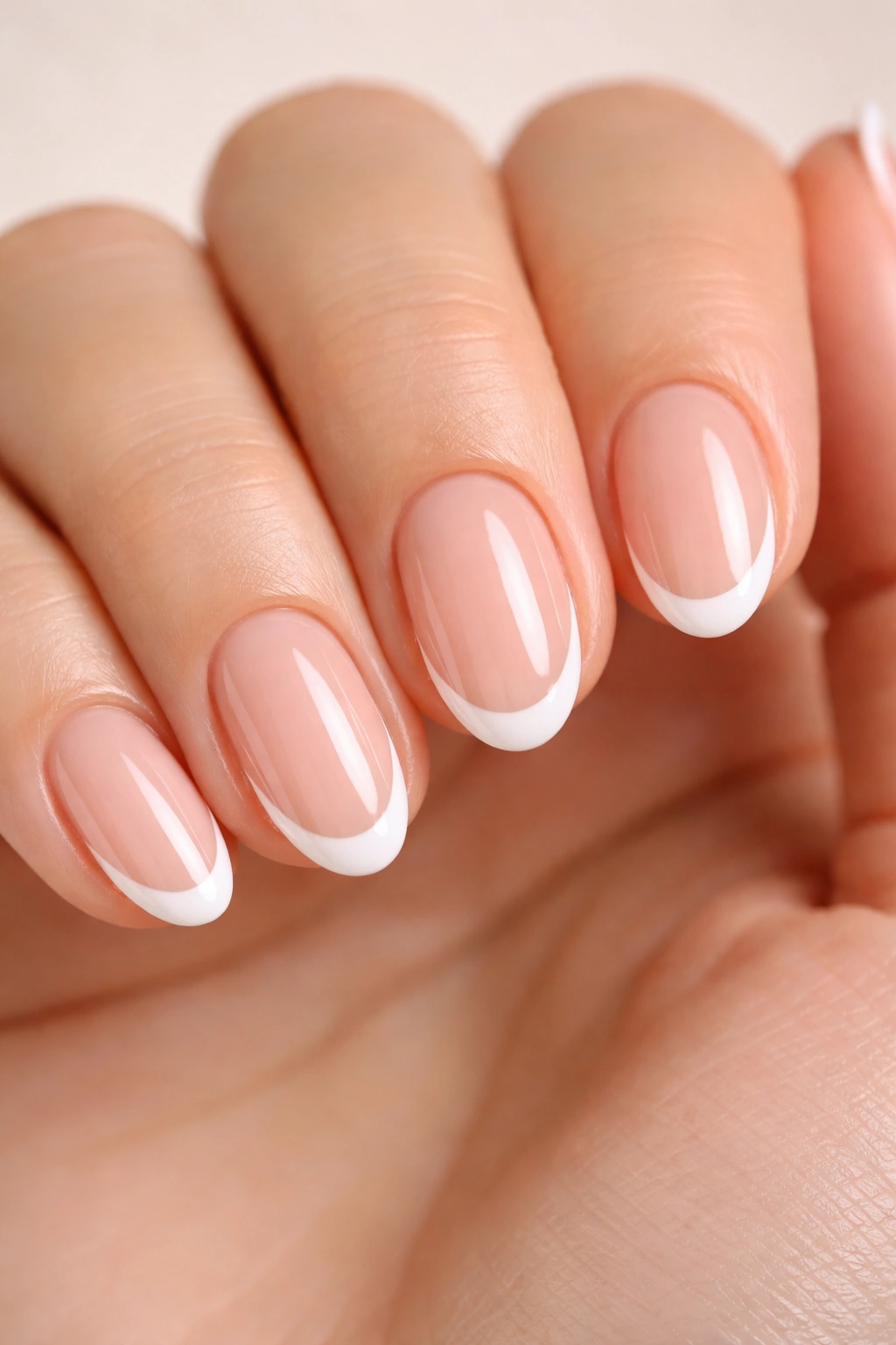 Close-up of short almond nails with a thin white French smile line on a translucent pink base