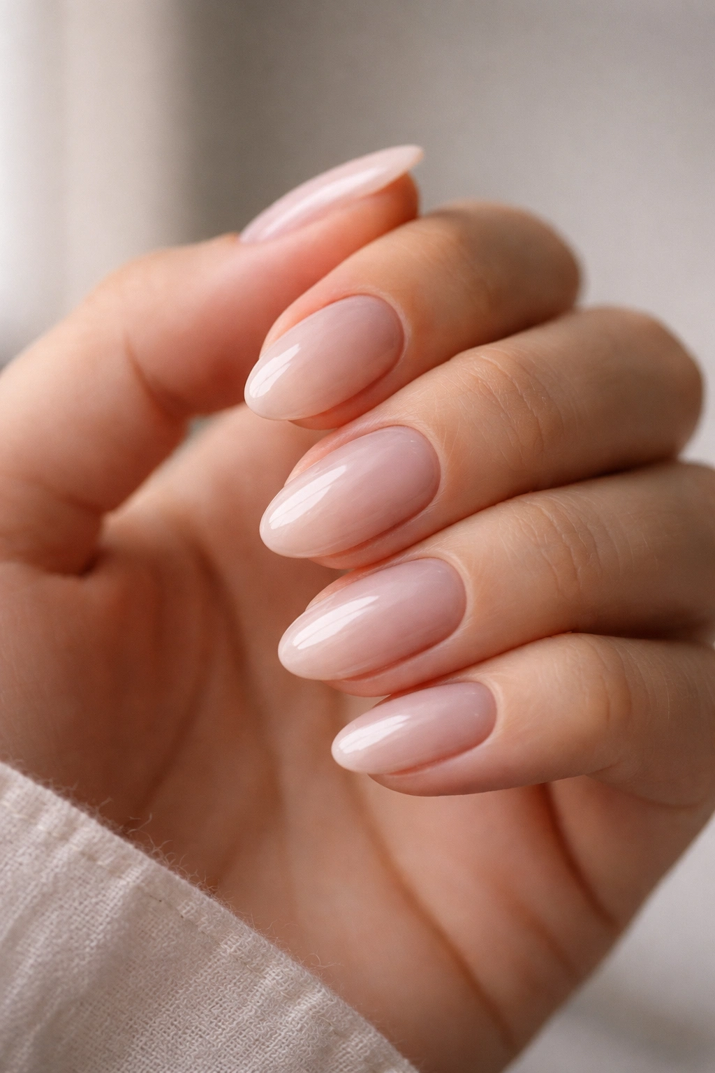Close-up of short almond nails with glossy glaze on a plain background