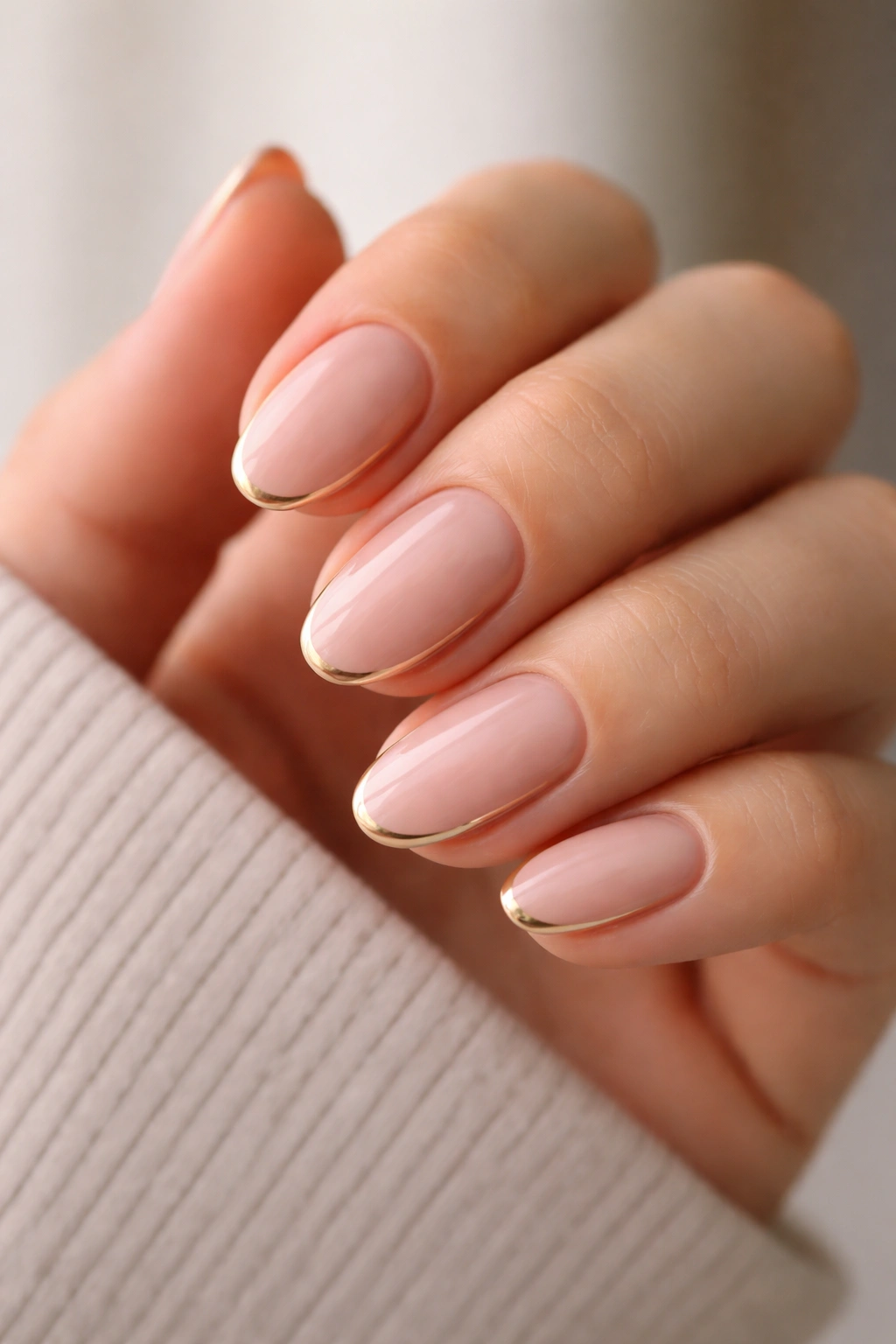 Close-up of short almond nails with a thin gold line on a neutral background