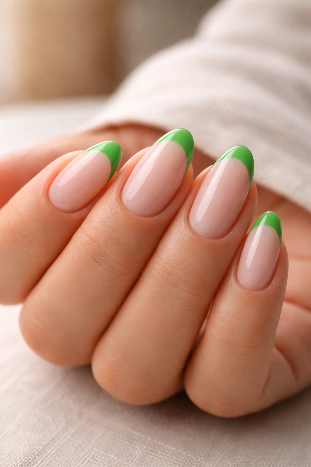 Close-up of short almond nails with a green French tip on a neutral background
