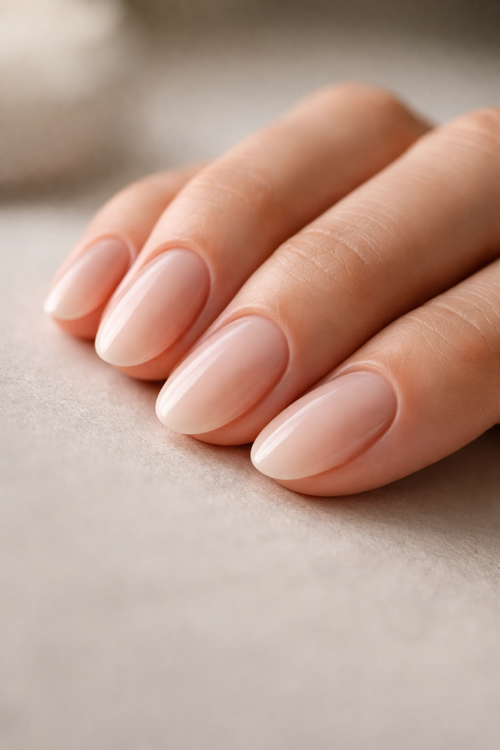 Close-up of intentionally styled extra-short almond nails with neat shape