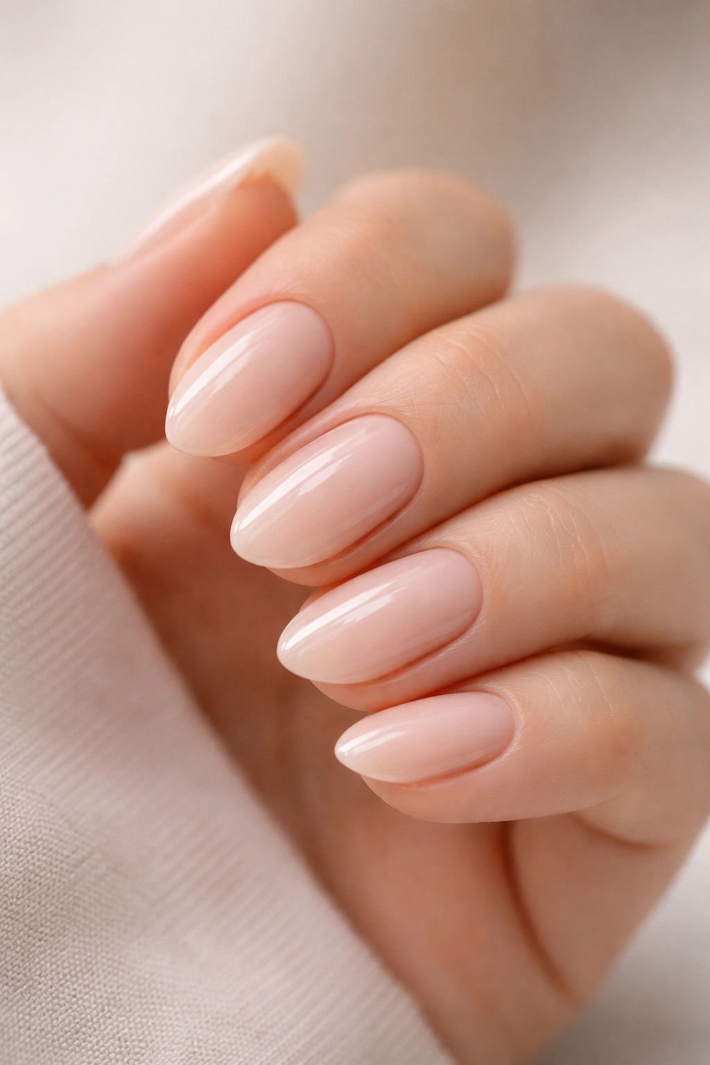 Close-up of a hand with short almond nails, clean cuticles and glossy finish