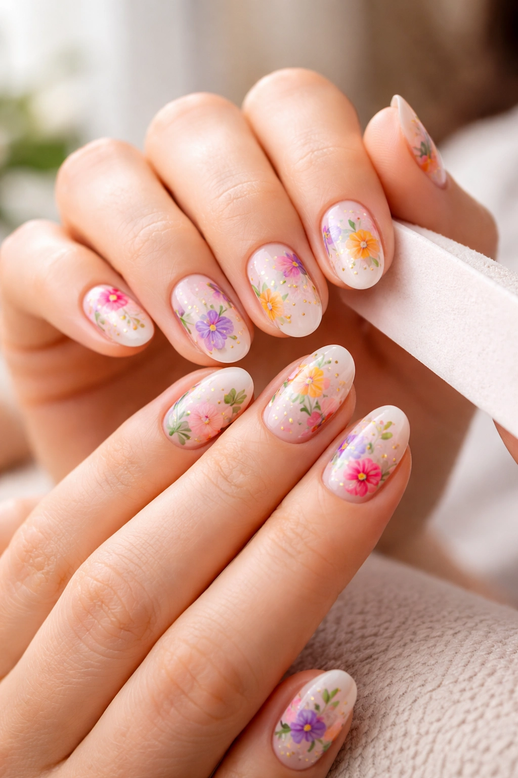 Close-up of hands with neatly filed short almond nails and a glossy floral manicure.