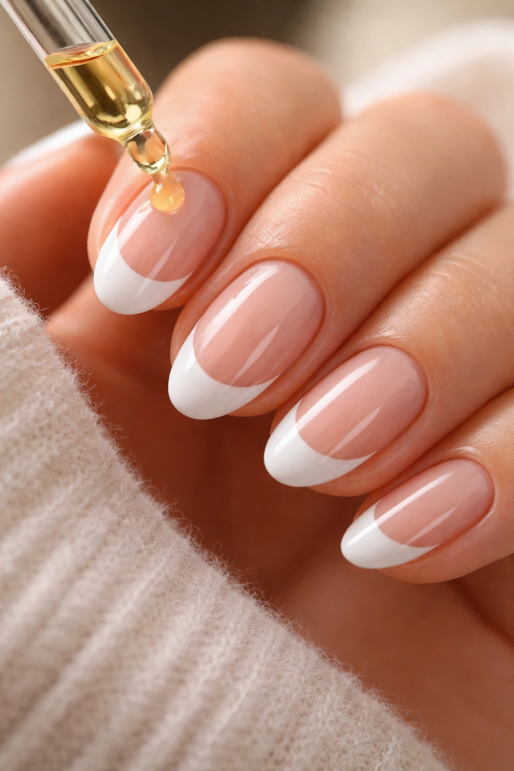 Hand with short almond nails and French tips shown with cuticle oil droplet
