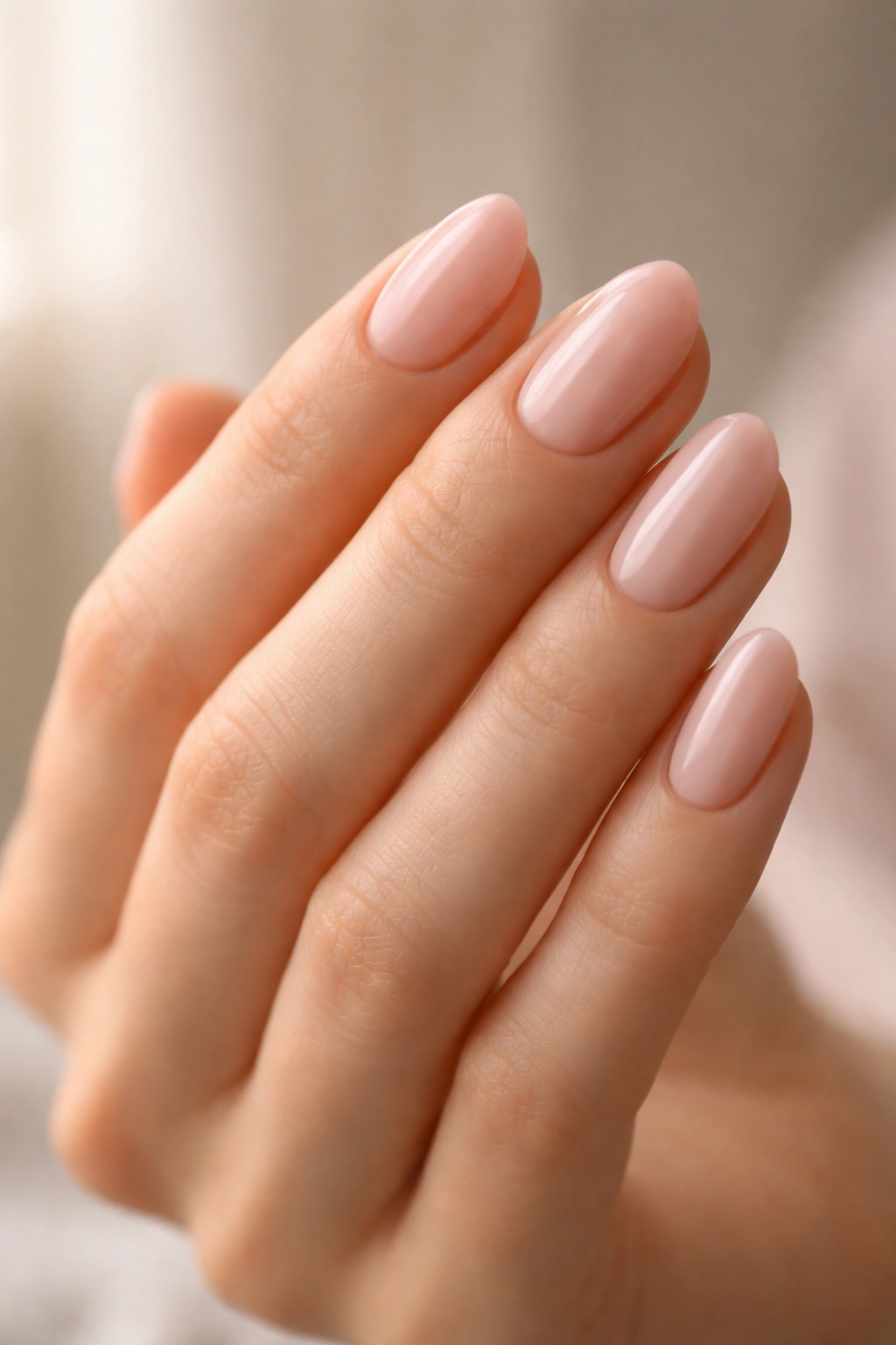 Close-up of a hand displaying short almond nails with soft pink nude polish