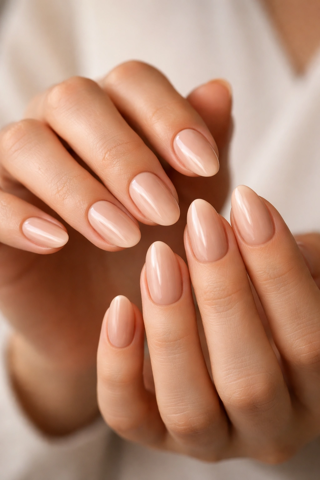 Close-up of short almond nails with a rounded almond shape and nude polish