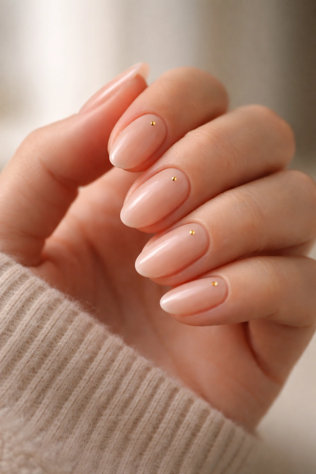 Close-up of short almond nails with minimal art: nude base and tiny gold dots on each nail.