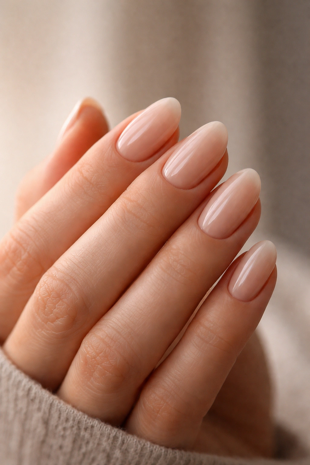 Close-up of short almond nails with a natural glossy finish