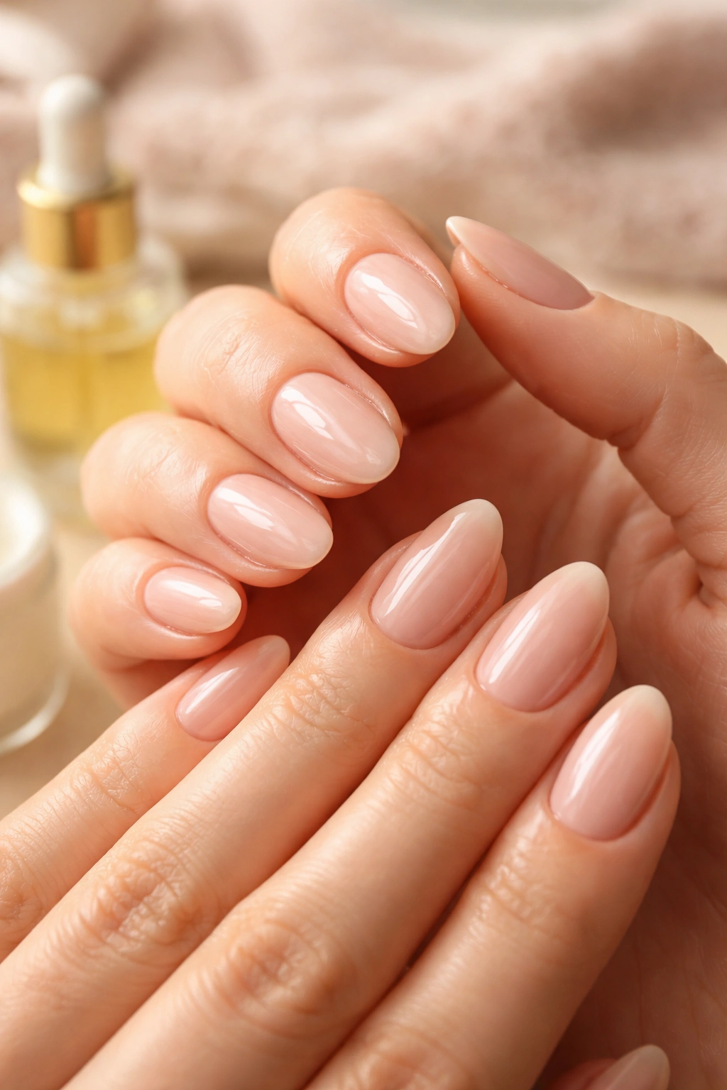 Close-up of hands with moisturized cuticles and glossy short almond nails