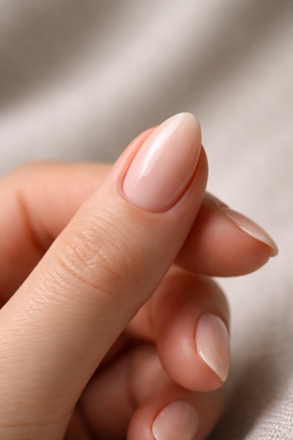 Close-up of a hand with a short almond nail following the finger line