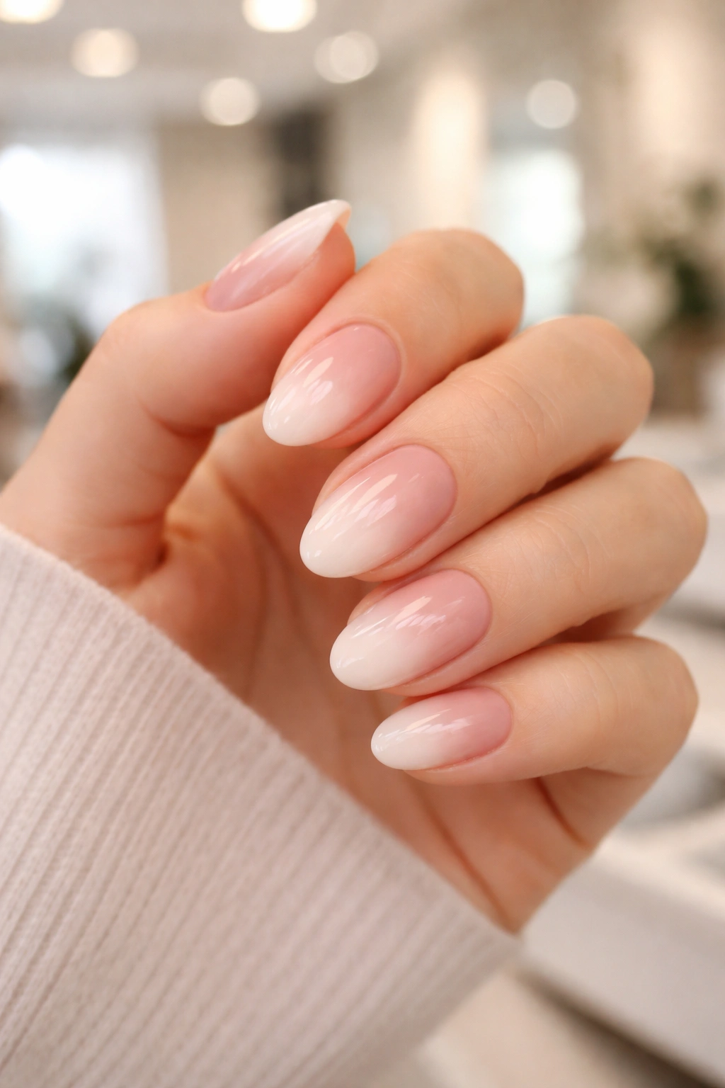 Close-up of a hand with short almond nails in nude ombre dip powder, showing shape and design