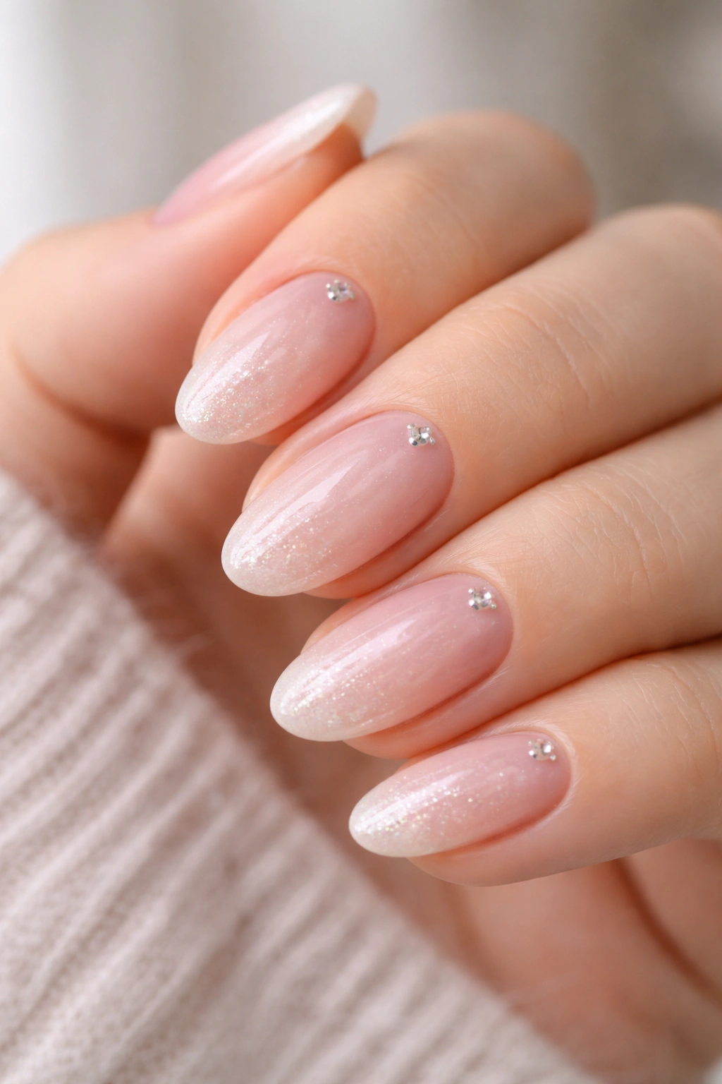 Close-up of short almond nails with nude ombre and subtle add-ons: micro-glitter tip, tiny crystal, pearl glaze