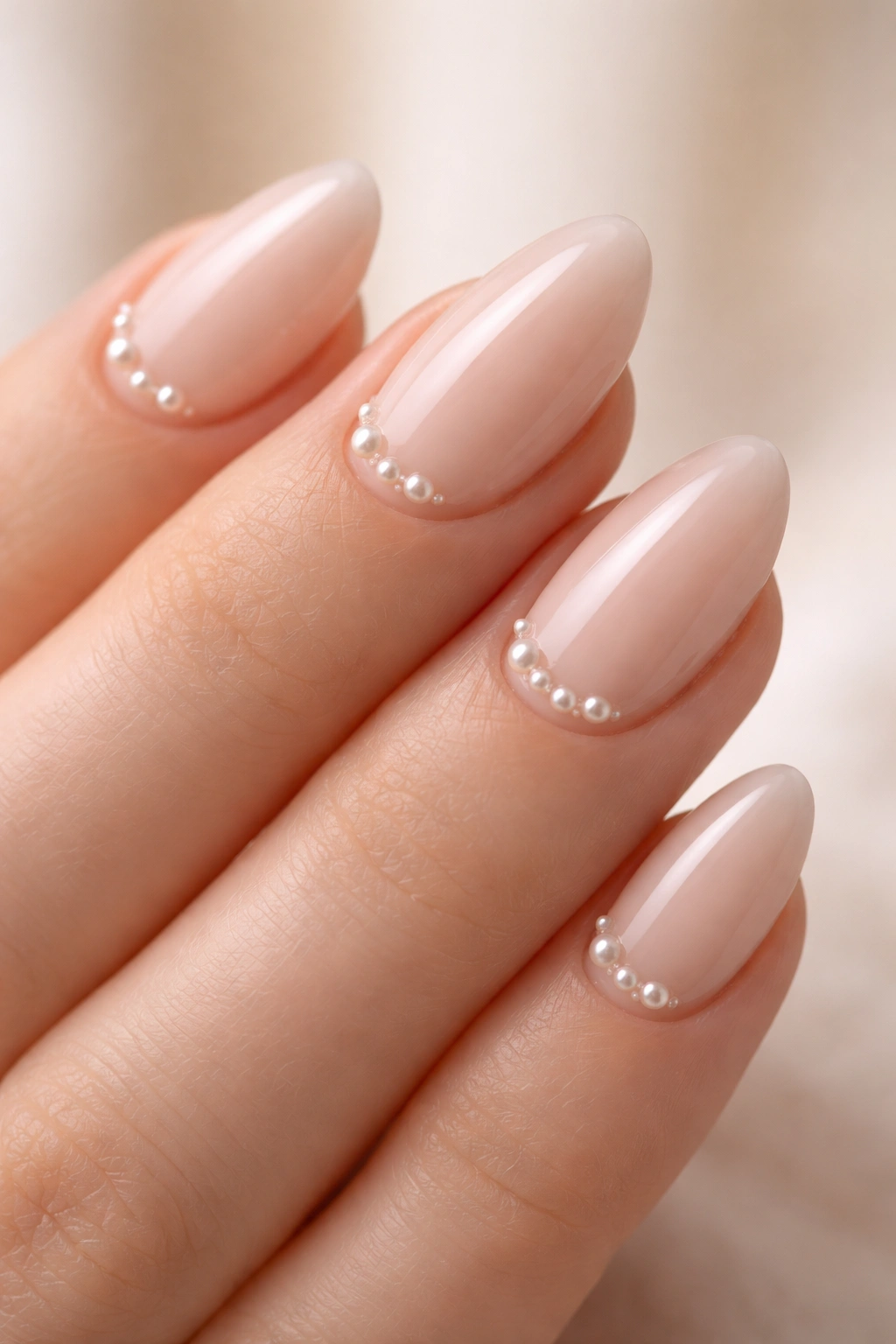 Close-up of short almond nails with tiny pearl accents on a neutral background