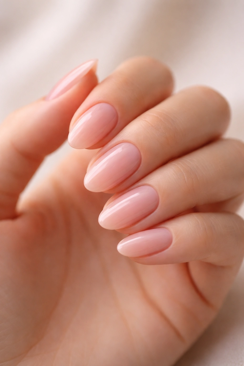 Close-up of a hand with short almond nails in sheer pink showing soft taper