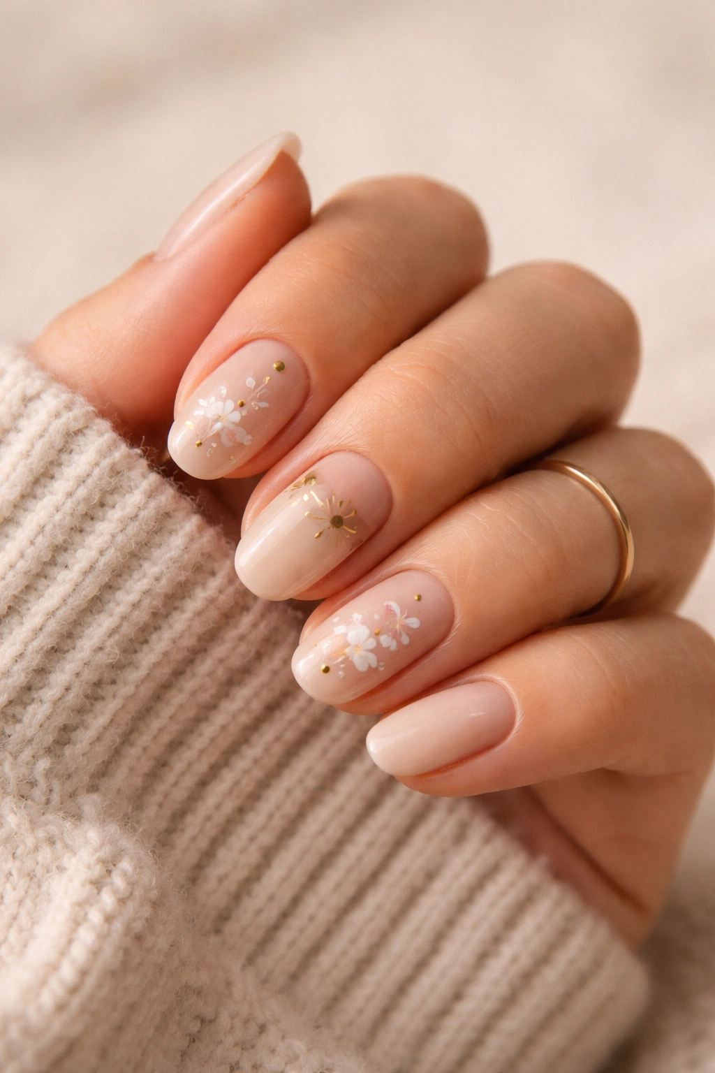 Close-up of practical short almond nails showing everyday wear